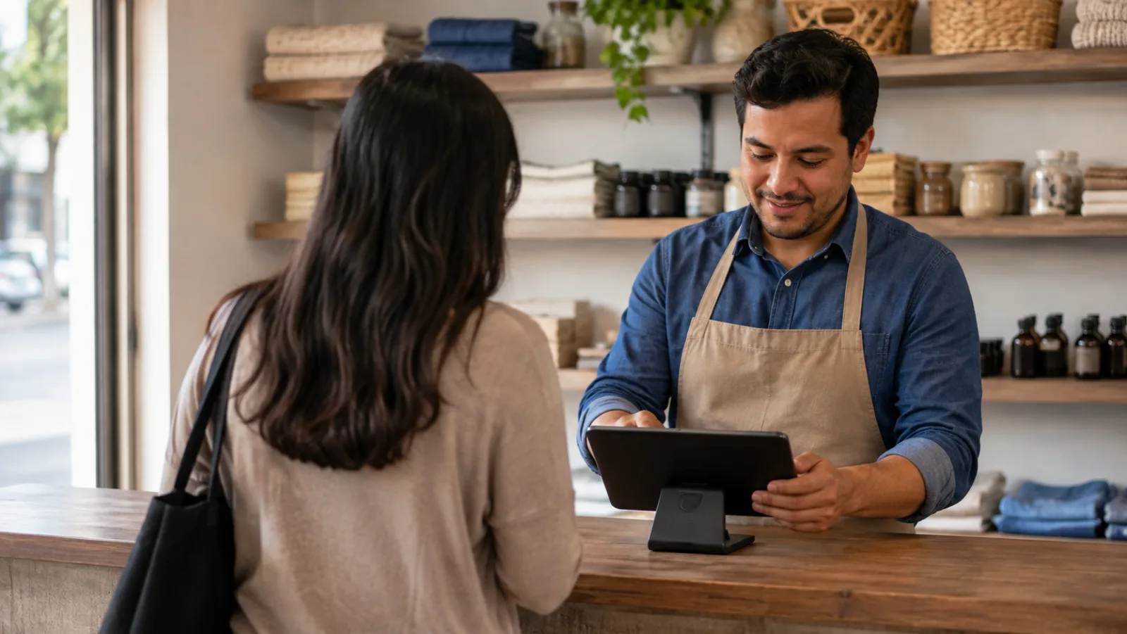 Local comercial atendiendo clientes con conexión a internet